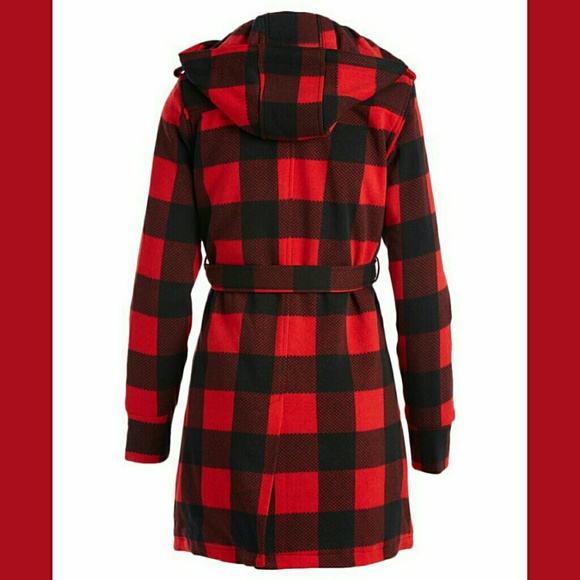 1 SM LEFT❤RED & BLACK BUFFALO HOODED TRENCH COAT❤ - Picture 2 of 3