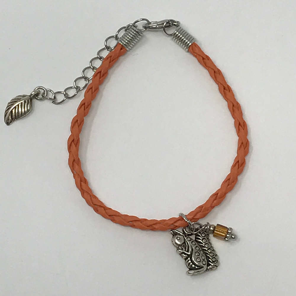 Orange Braided Leather Bracelet w Silver Squirrel