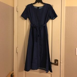 50's style navy blue dress with polka dots