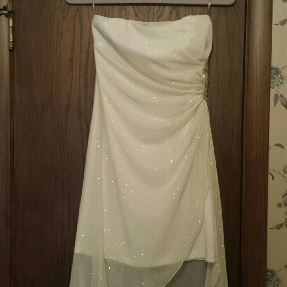 White with a sheer sparkled overlay Hi/Low Dress.