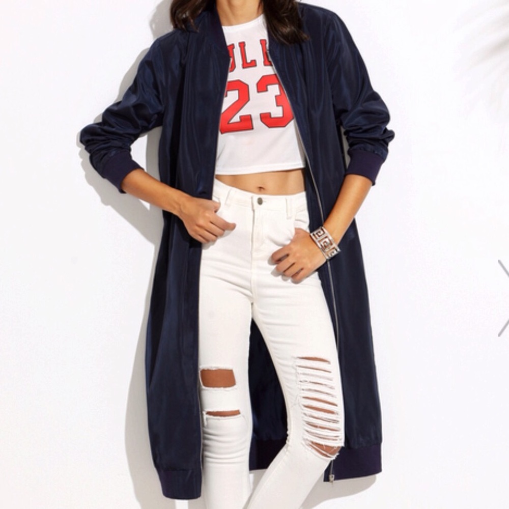 Long and amazing dark blue bomber jacket med NWOT