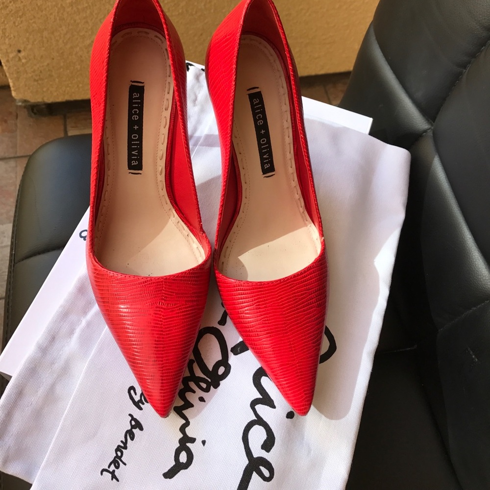 Makayla Heel in red by Alice + Olivia lizard look