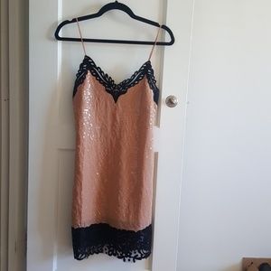 NBD beige pink sequin slip dress