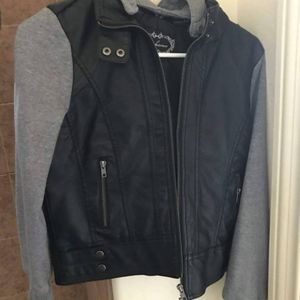 Black leather and grey jacket