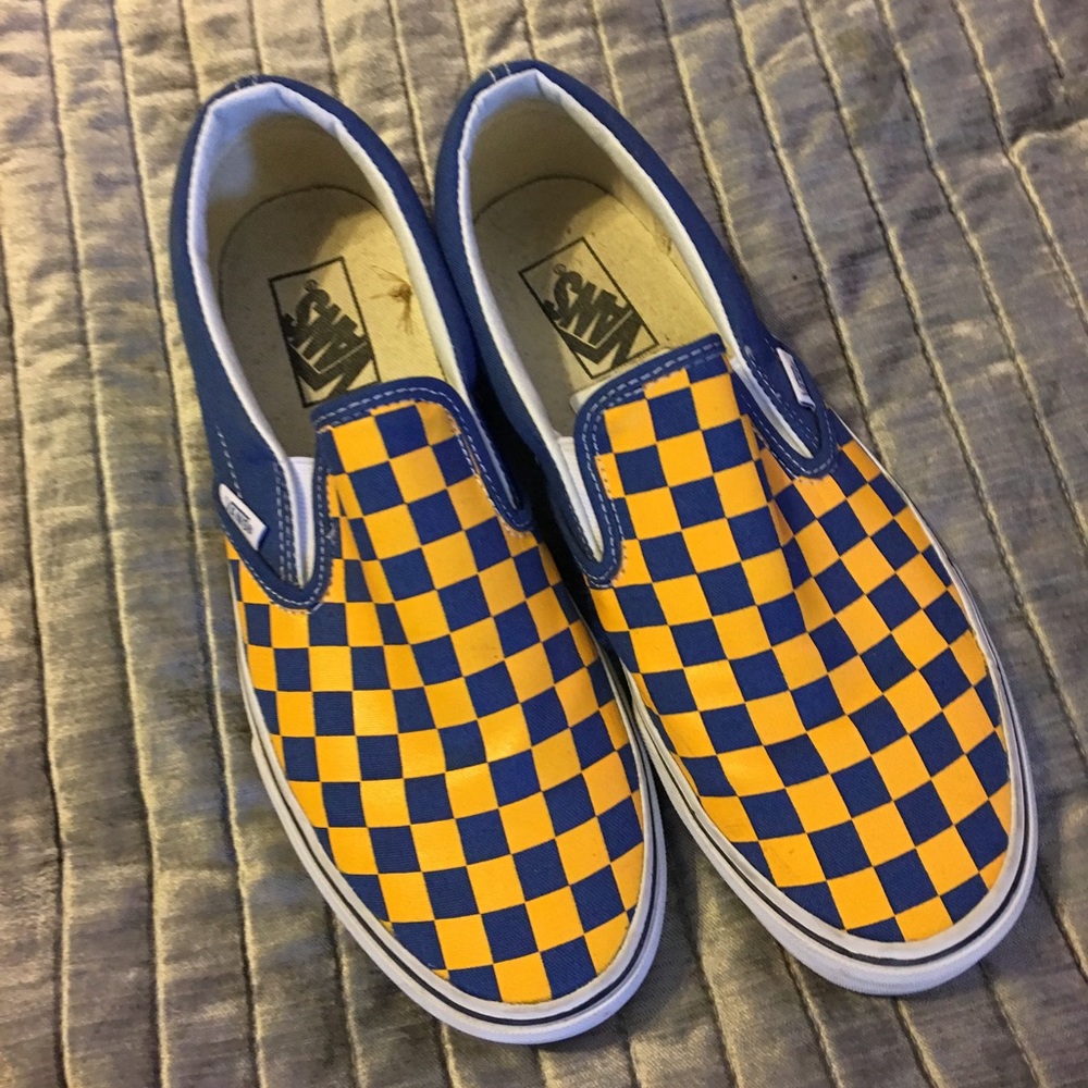 Vans checkered blue and yellow.