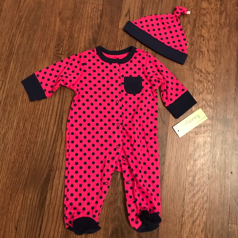 Offspring pink polka dot one piece + hat 3 Months