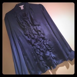 Navy Satin Ruffle Blouse