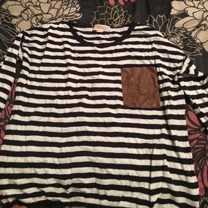 long sleeve striped shirt with leather pocket