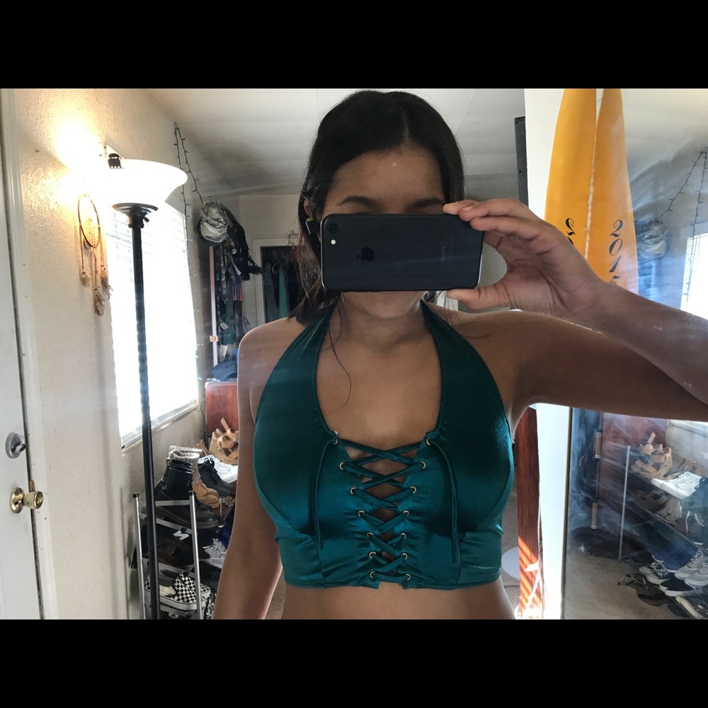 Turquoise/emerald green tie up top