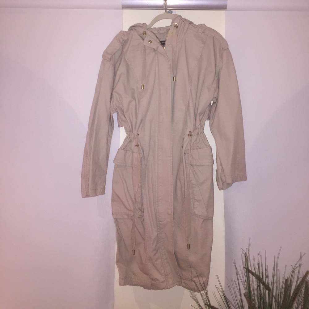 Cream Hooded trench coat with gold detailing