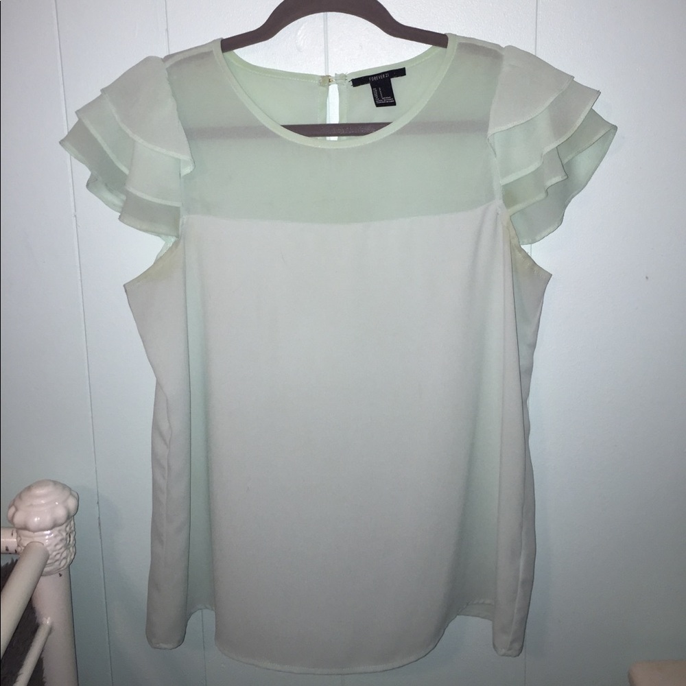 MINT BLOUSE WITH RUFFLE CAP SLEEVES AND SHEER TOP