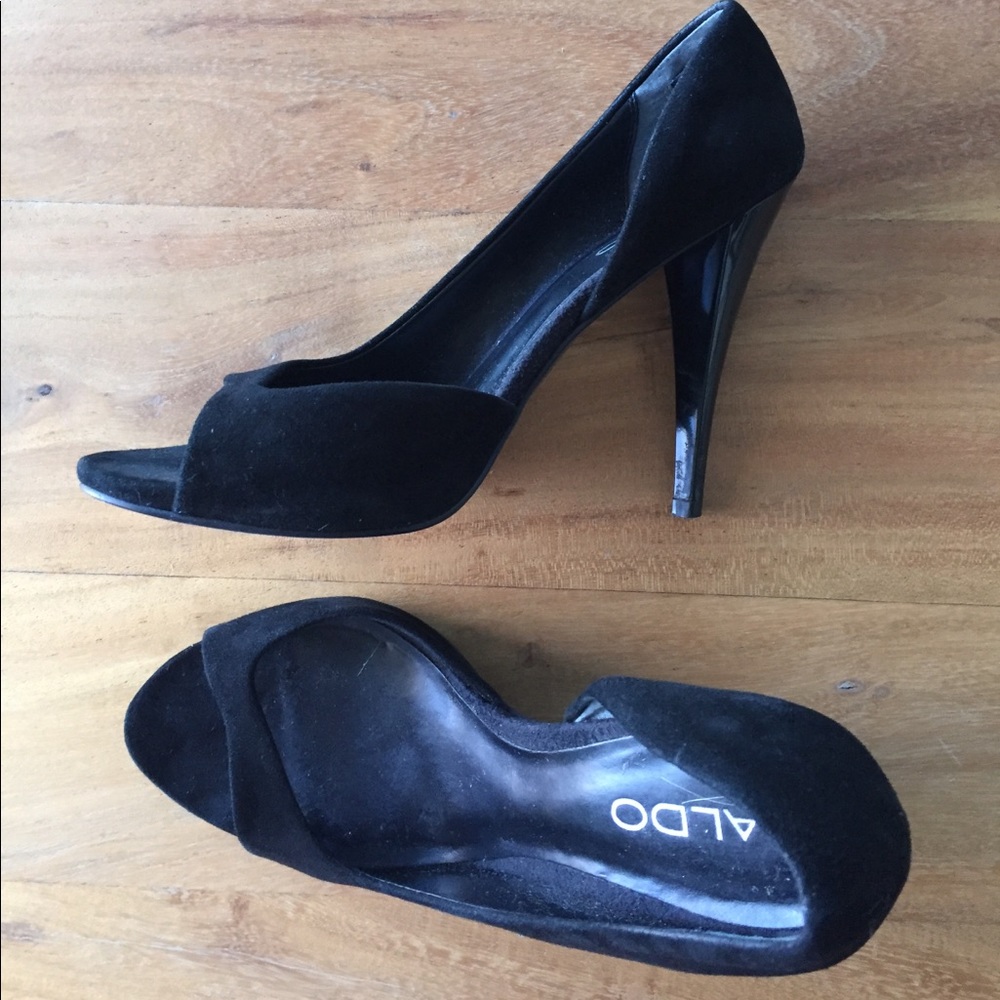 Aldo black suede open toe dressy heels