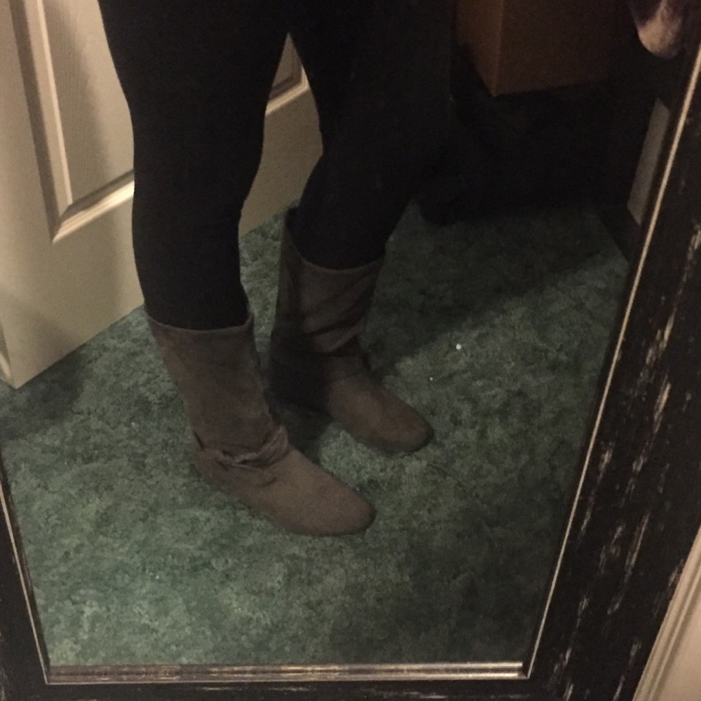 Gray fur-filled, suede boots