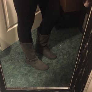 Gray fur-filled, suede boots