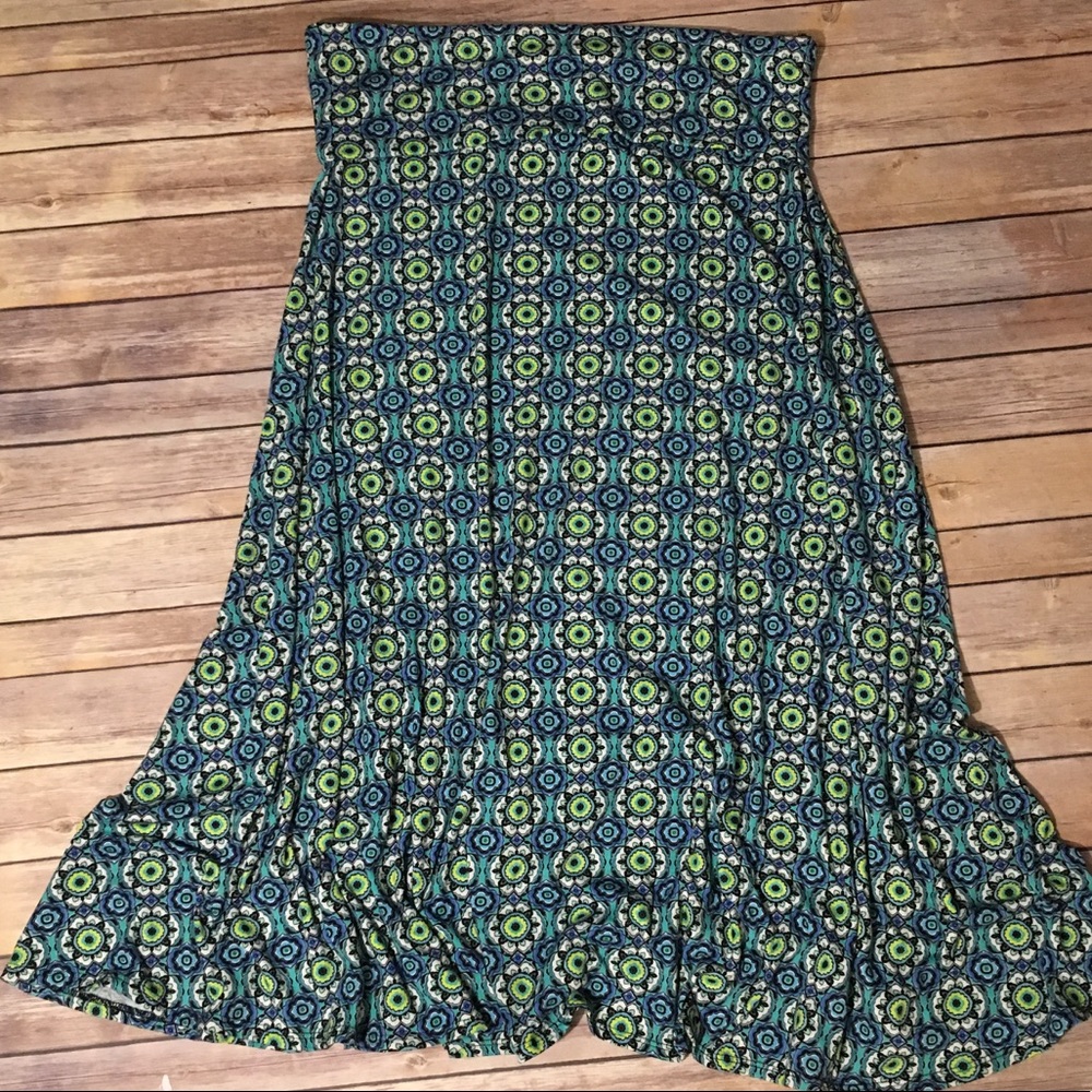 Lularoe XL Maxi Skirt Green Blue Geometric Print