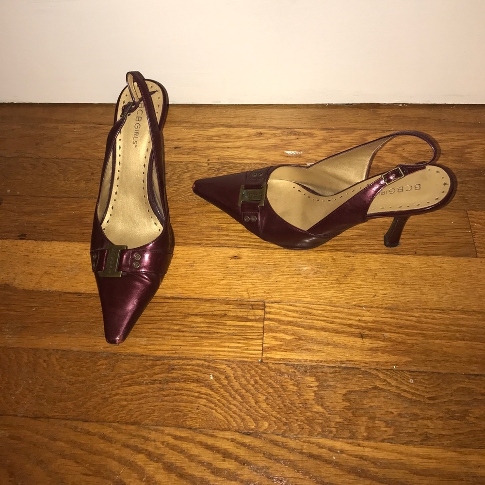 Maroon patent leather sling backs