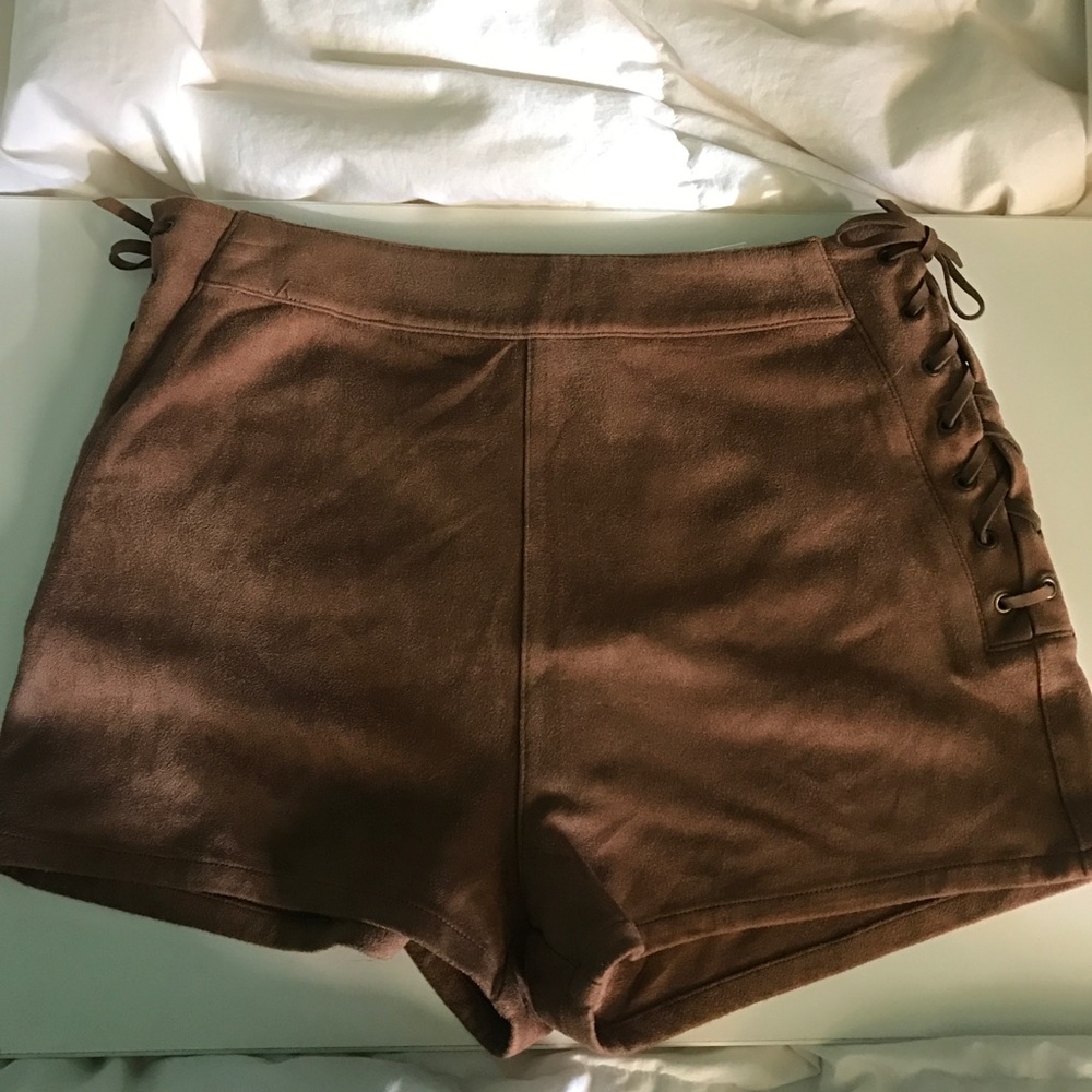 FESTIVAL LACE UP FAUX SUEDE HIGH WAISTED SHORTS