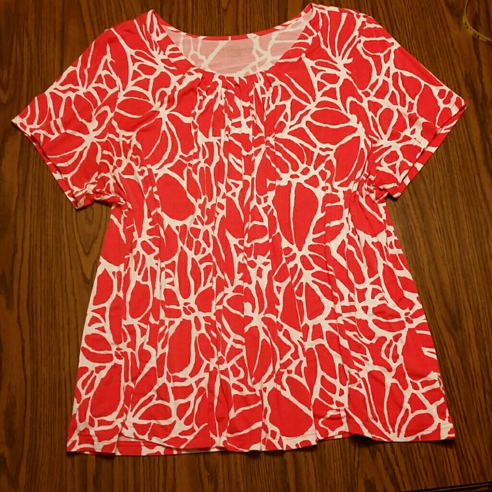 Print Top, Orangish-Red/White