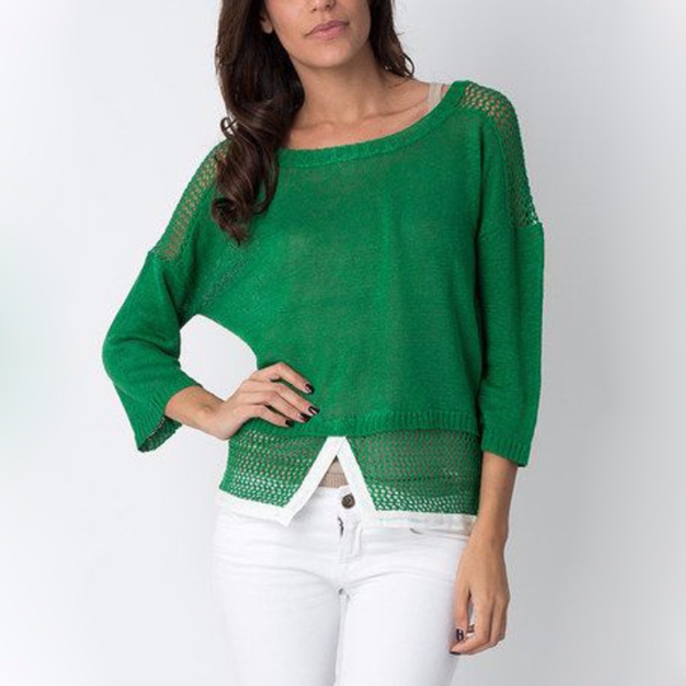 Cute Green White Mesh Contrast Linen Sweater