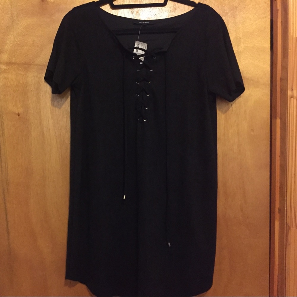Olivaceous Faux Suede Tie Up Dress (Black)