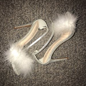 Cute Silver Sparkly White Fluffy Heels