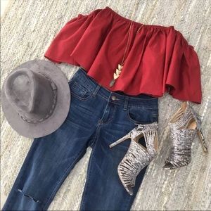 Red off shoulder crop top