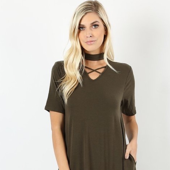 ❤️ Olive Choker Criss Cross Dress w/ Pockets - Picture 2 of 3