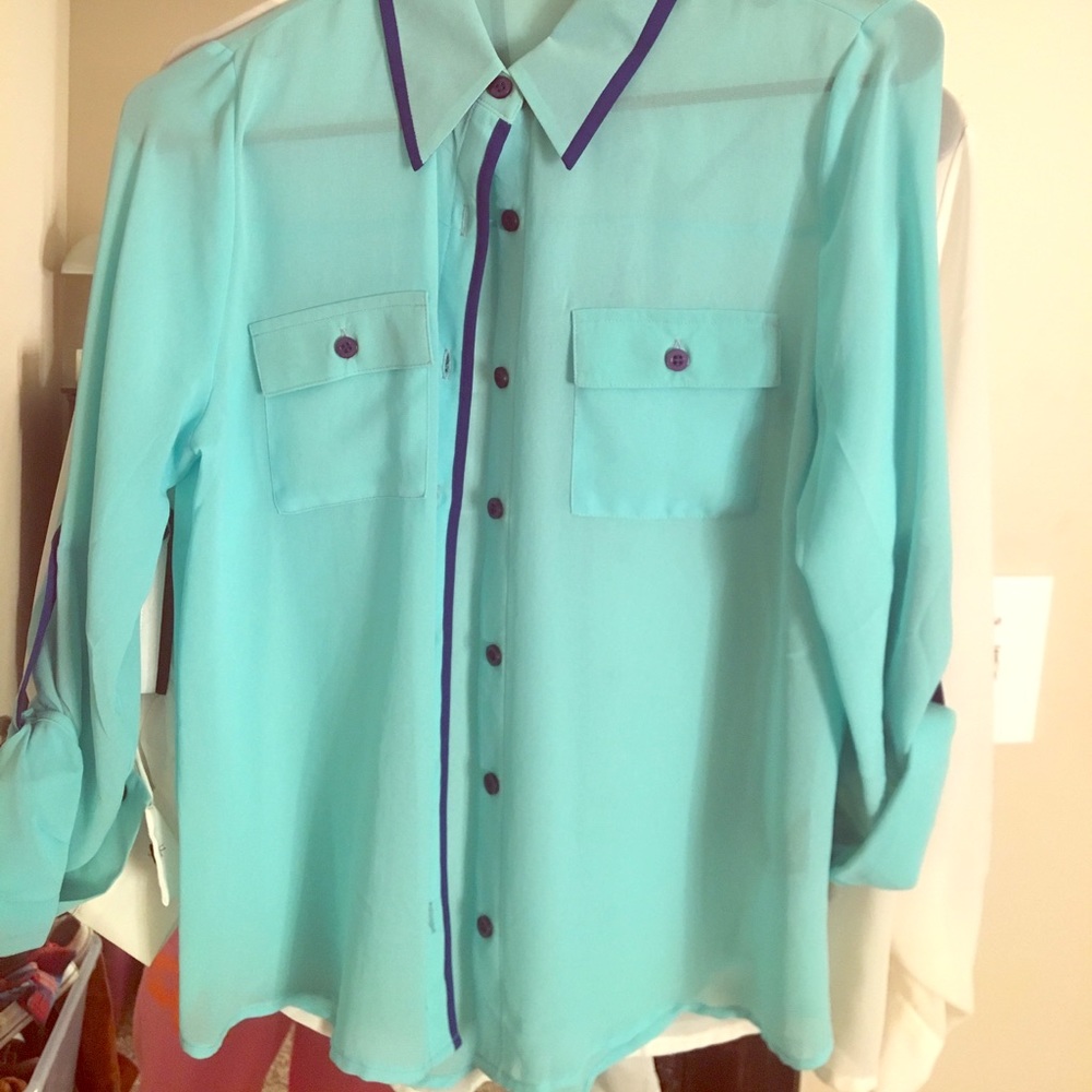 Sheer button up blouse teal and navy blue