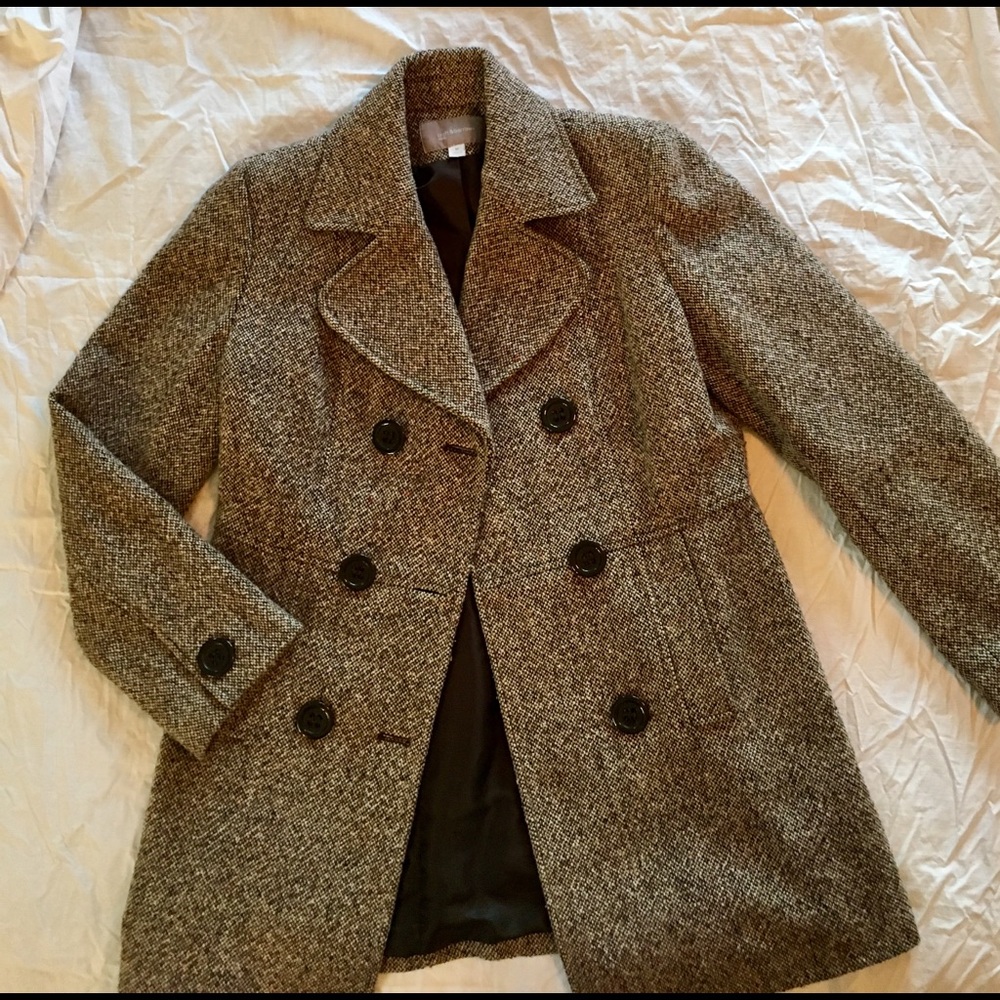 Multi color tan tweed wool overcoat