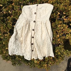 Button-up, cream lace strapless mini-dress! Cute!
