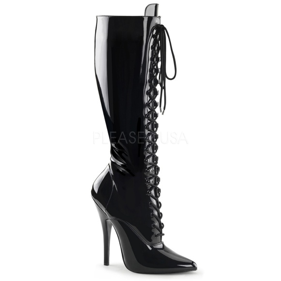 Patent Pointy Toe Lace Up Knee High Heel Boots - Picture 1 of 5