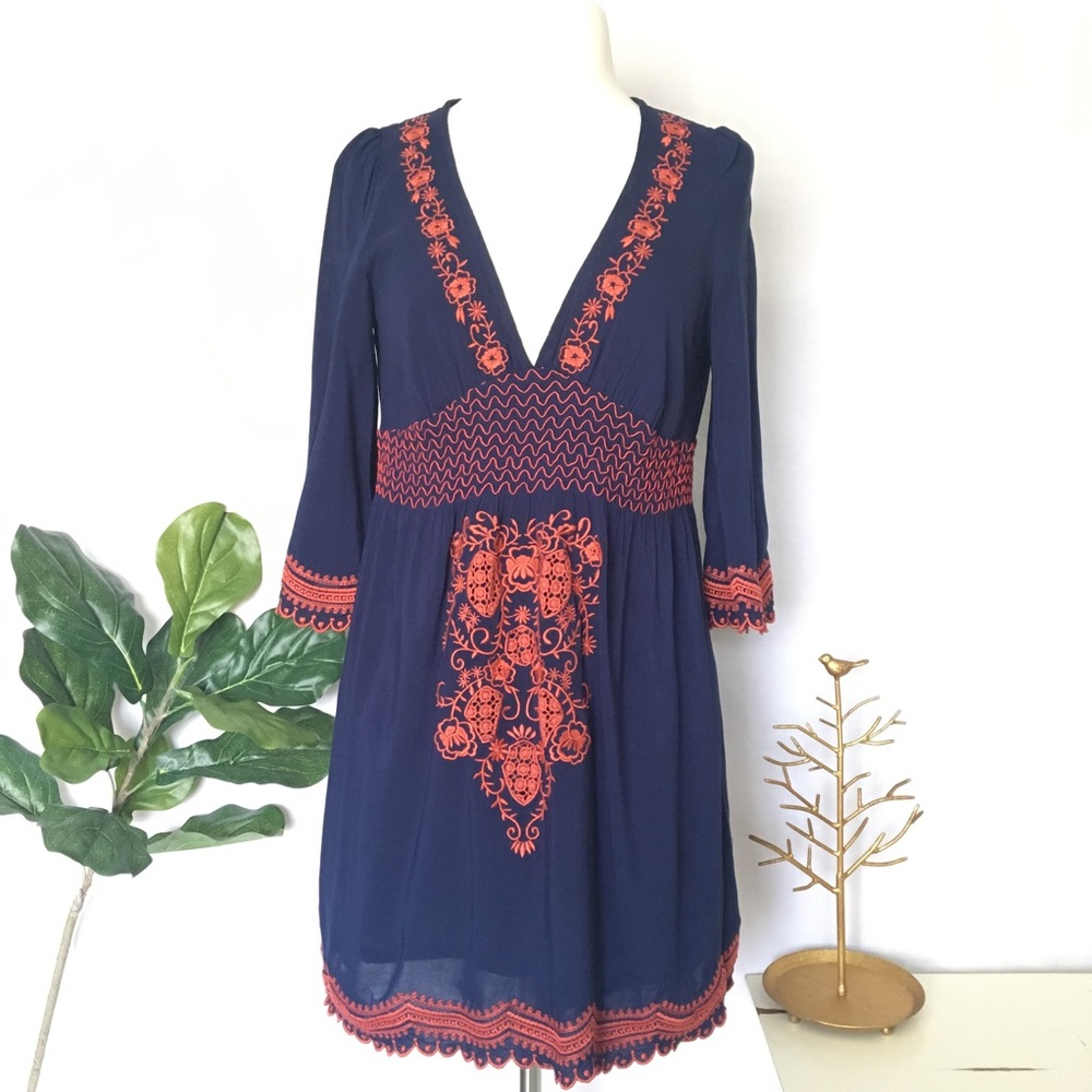 Blue Orange V Neck Boho Dress S