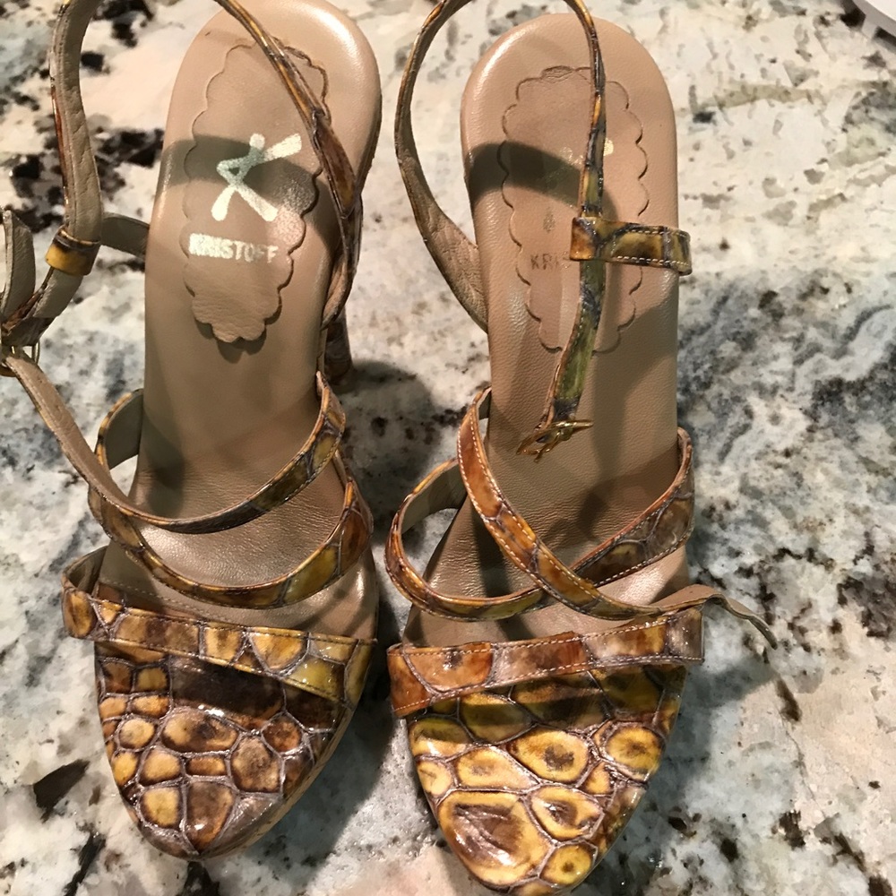 Parent leather animal print strappy heels