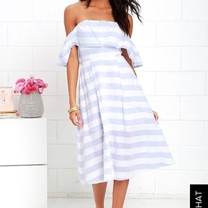 White and Blue Off the Shoulder Midi Dress
