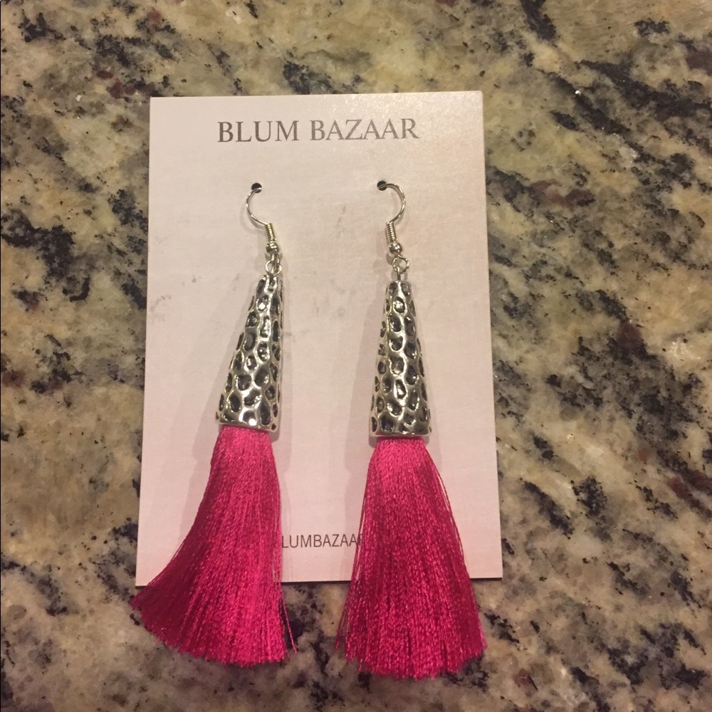 Silver hammered hot pink tassel drop earrings