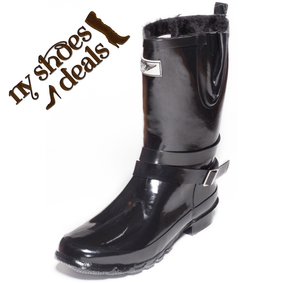 Forever Young Shoes - Women's Black Faux Fur Rubber Rain Boots RB-2414