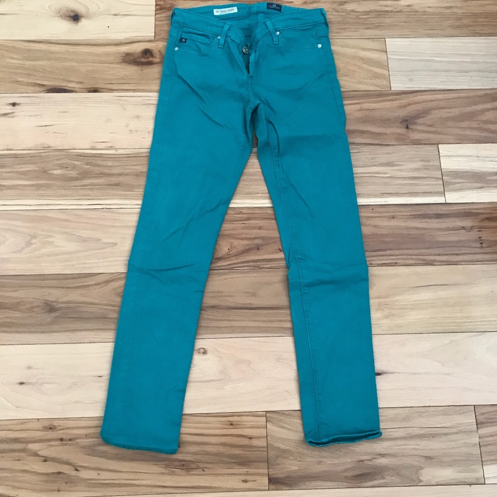 AG stevie ankle turquoise skinny jeans