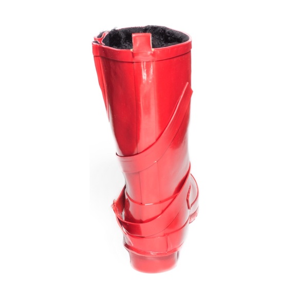 Women's Faux Fur Red Rubber Rain Boots Wellies - Picture 2 of 3