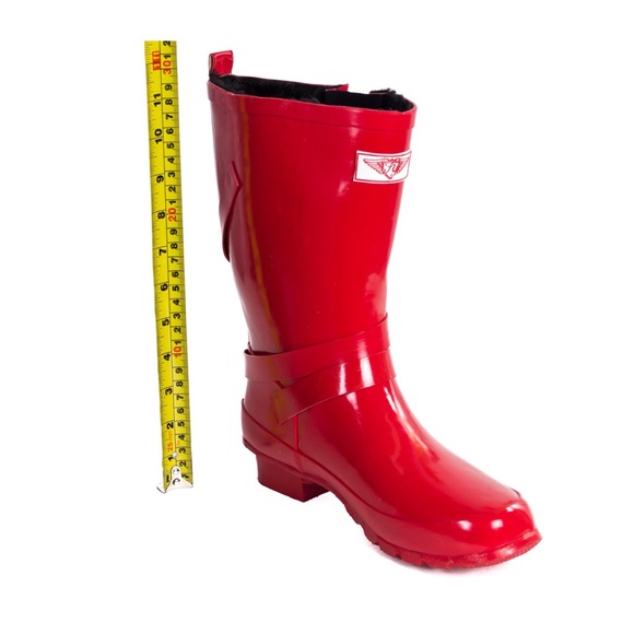 Women's Faux Fur Red Rubber Rain Boots Wellies - Picture 3 of 3