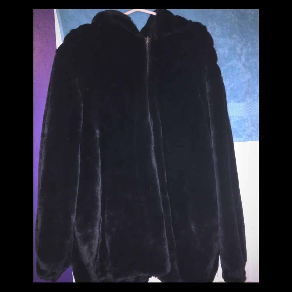 Black Plus Size Faux Fur Jacket with hood