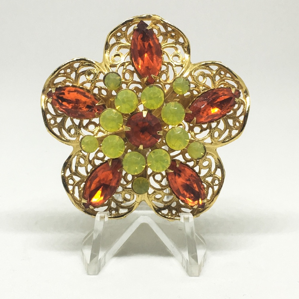Vintage Filigree Green Orange Rhinestone Brooch