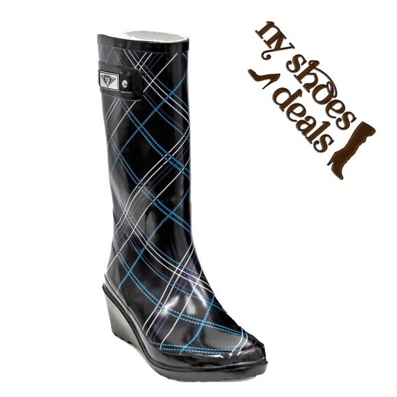 Women's Rain Boots Black Blue Plaid Wedge Rubber Wellies - Picture 2 of 3