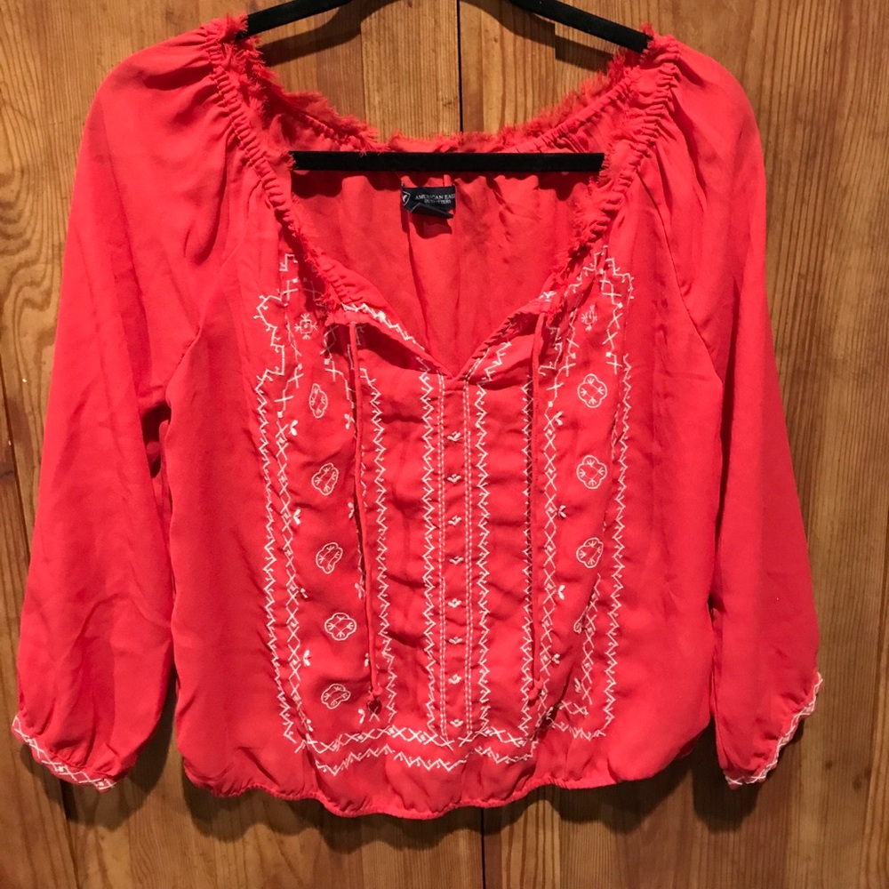 American Eagle Red Long Sleeve Blouse