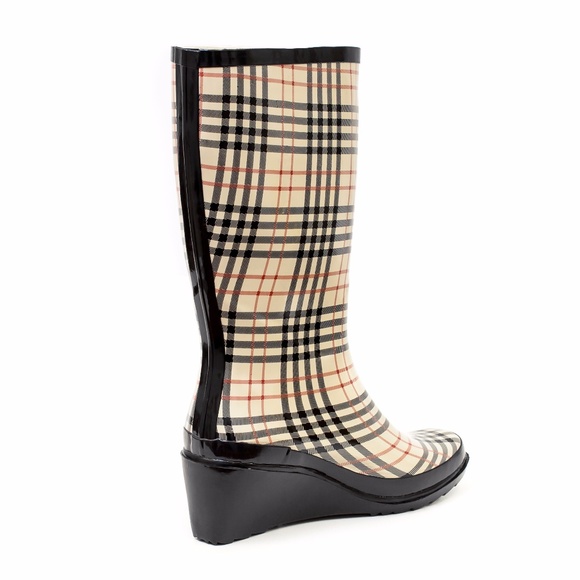 Women Rubber Rain Boots, Wedge Checkered Plaid Rainboots - Picture 2 of 3