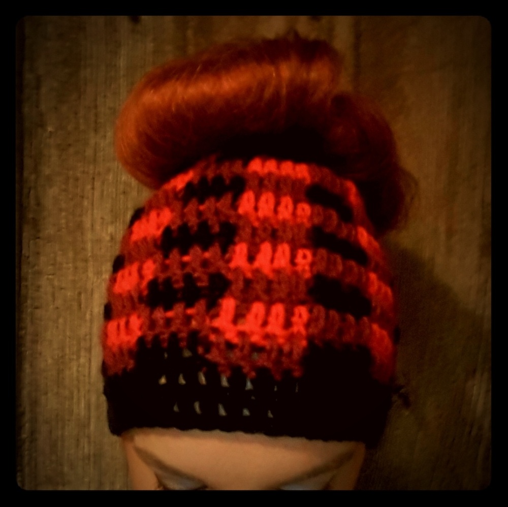 Crocheted plaid bun beanies