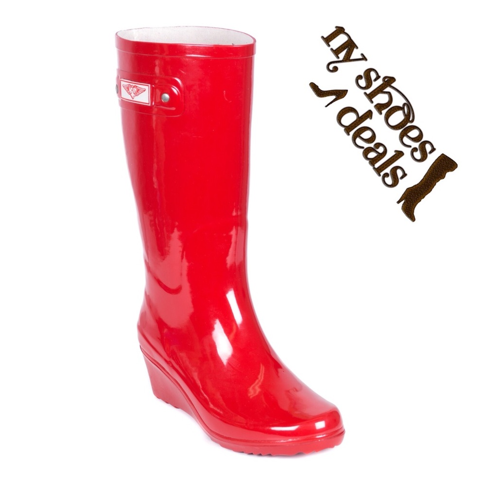 Women's Red Wedge Rubber Rain Boots, Garden Wellie - Picture 2 of 5