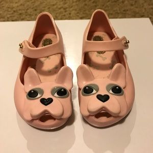 Light pink French Bulldog dress shoes.
