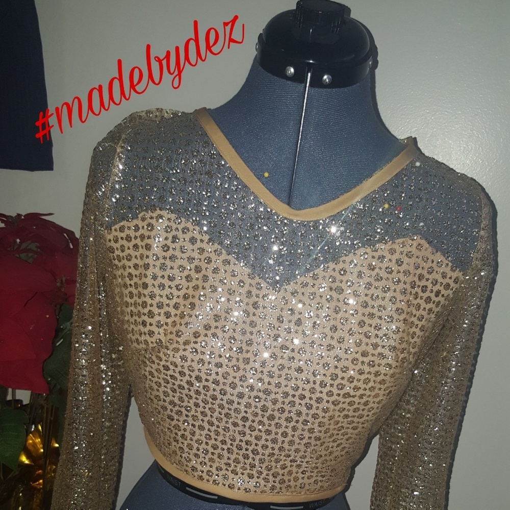 Gold sparkle beaded mesh top