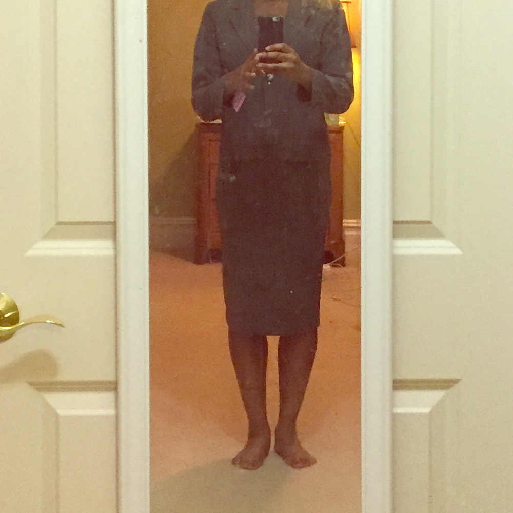 Gray pinstripe pencil midi skirt