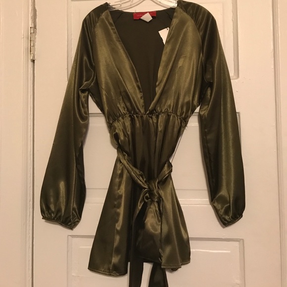 AKIRA Dresses & Skirts - Brand new Olive silk like long sleeve mini dress